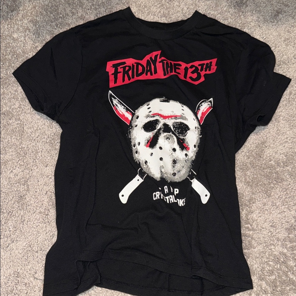 Black Graphic T-Shirt with Red and White Design